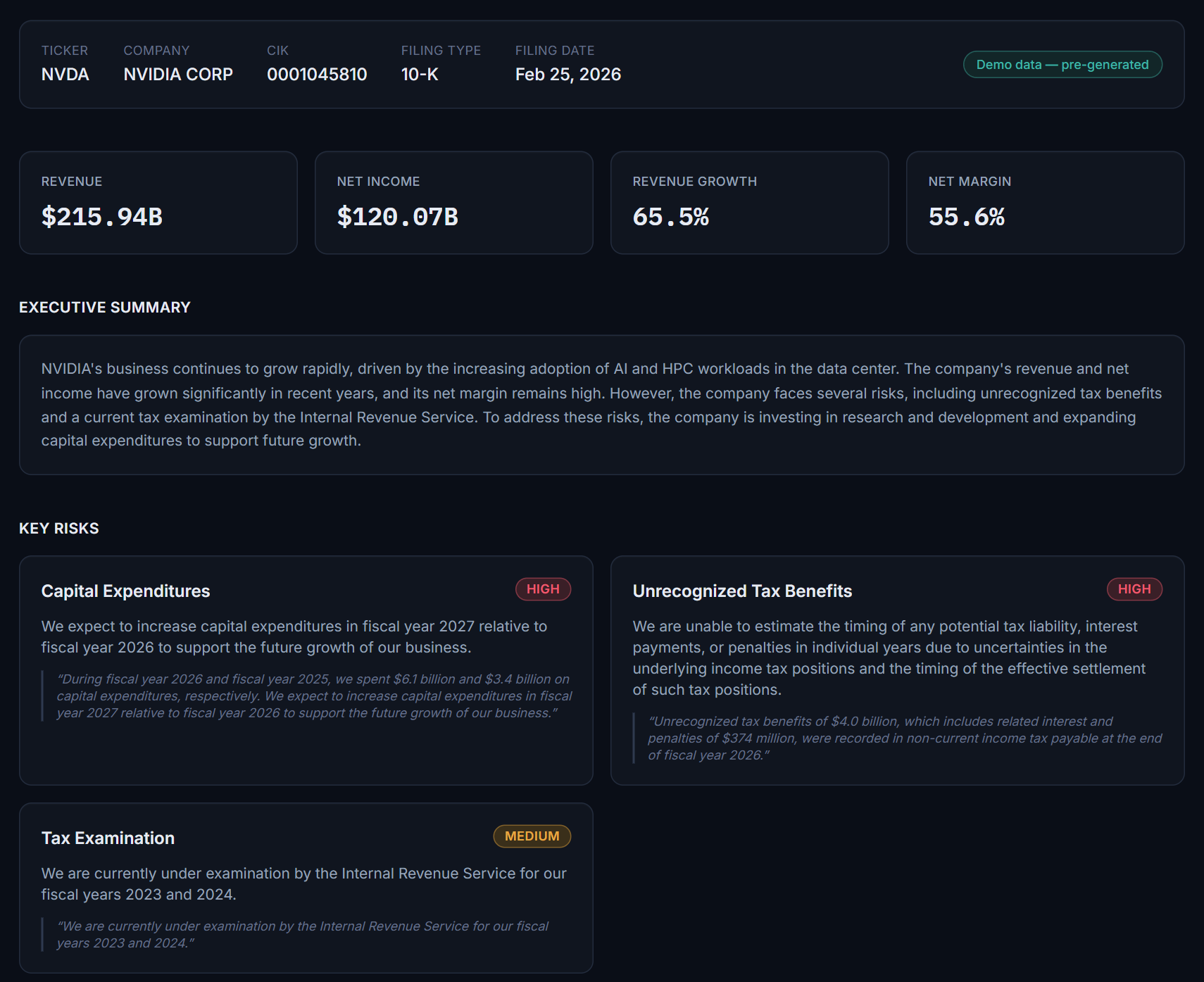 The SEC Filing Analyzer on NVIDIA's 10-K: revenue $215.94B, net income $120.07B, 65.5% revenue growth and 55.6% net margin, an executive summary, and three key risks each backed by a quote from the filing.